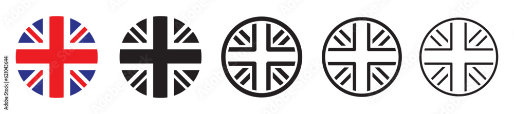 Set of Great Britain flag icons. United Kingdom flag, Union Jack. National flag of the United Kingdom, sphere, ball. Circle badge of Europe country icons, British banner, Britain symbols. Vector. Set of Great Britain flag icons. United Kingdom flag, Union Jack. National flag of the United Kingdom, sphere, ball. Circle badge of Europe country icons, British banner, Britain symbols. Vector.