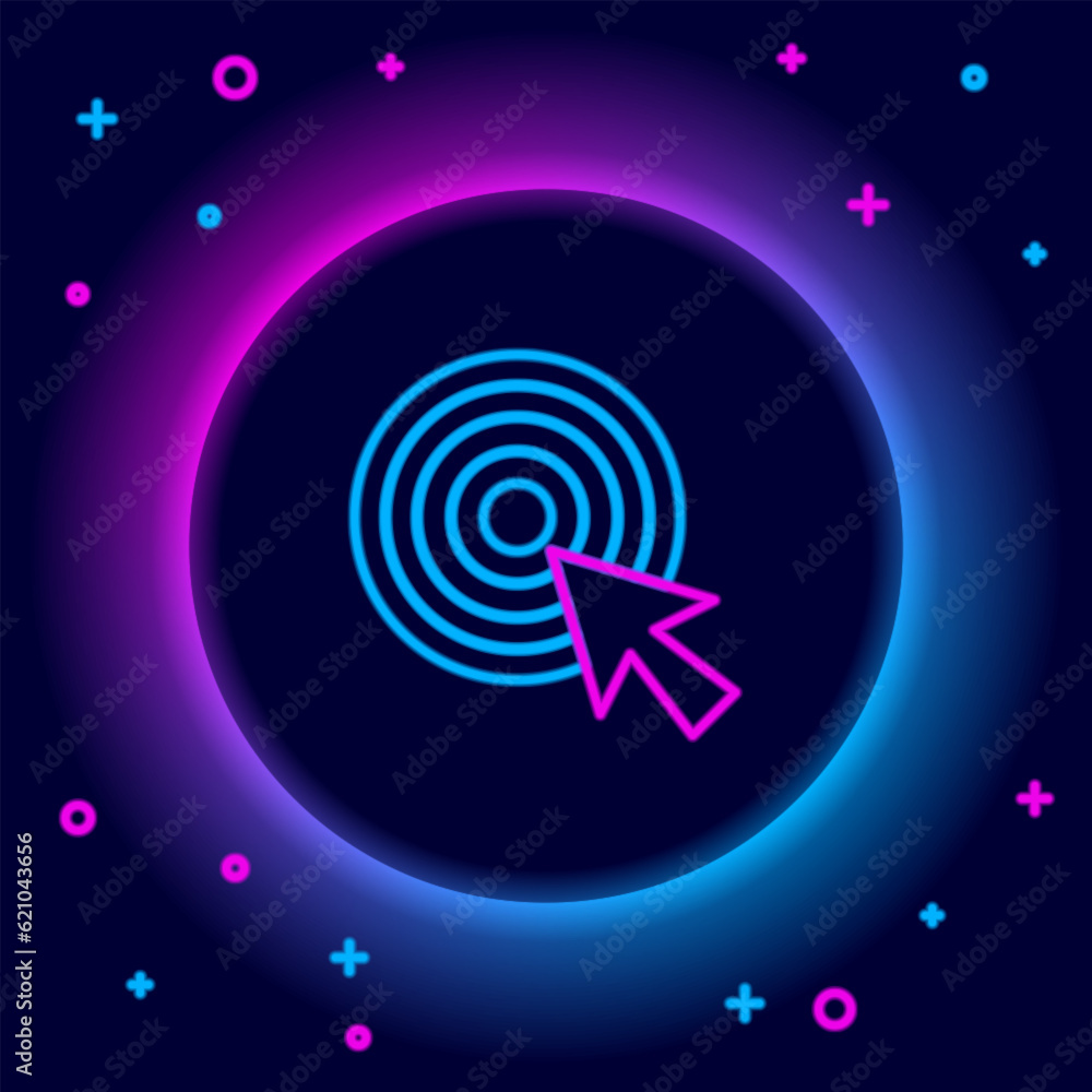 Glowing neon line Target with arrow icon isolated on black background. Dart board sign. Archery board icon. Dartboard sign. Business goal concept. Colorful outline concept. Vector Glowing neon line Target with arrow icon isolated on black background. Dart board sign. Archery board icon. Dartboard sign. Business goal concept. Colorful outline concept. Vector