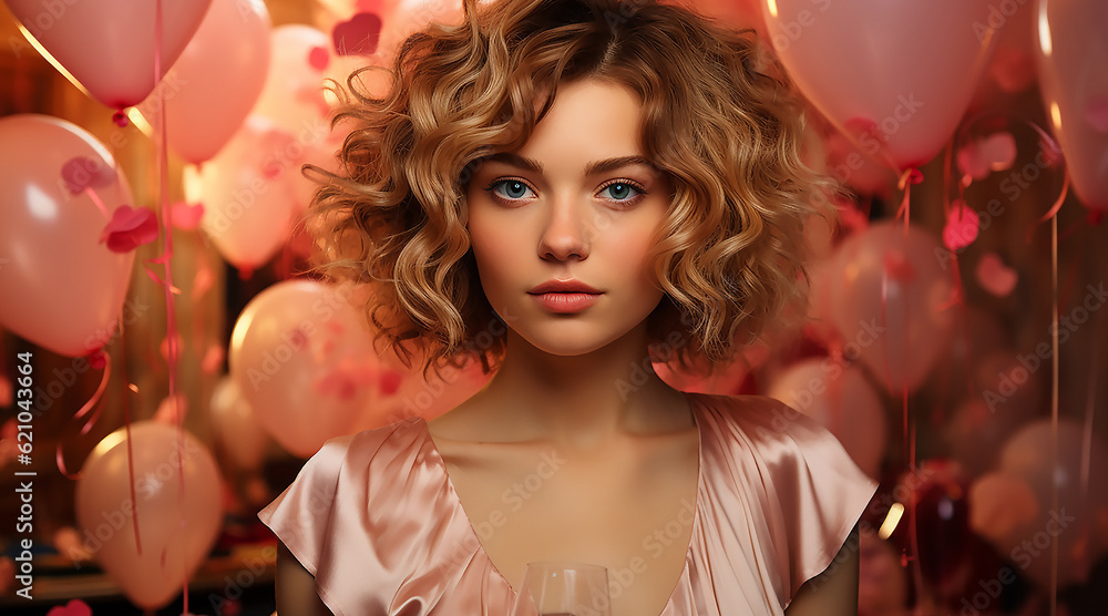 girl with wavy hair holding glass with champagne and confetti on pink backdrop girl with wavy hair holding glass with champagne and confetti on pink backdrop
