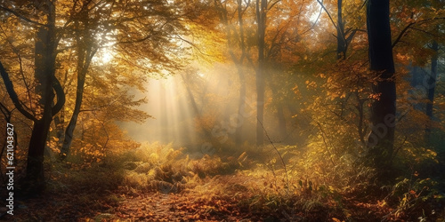 Beautiful autumn deciduous forest with sunbeams and light fog. Generative AI © Tatiana