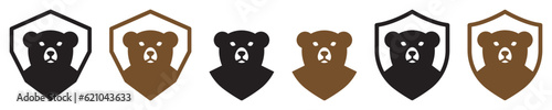 Set of bear shield icons. Shield bear logo, shield symbol and bear silhouette. Vector.
