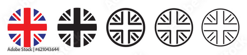 Set of Great Britain flag icons. United Kingdom flag, Union Jack. National flag of the United Kingdom, sphere, ball. Circle badge of Europe country icons, British banner, Britain symbols. Vector.