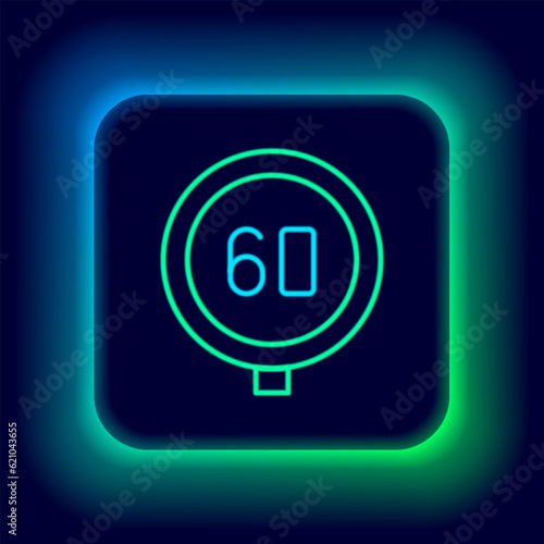 Glowing neon line Speed limit traffic sign 60 km icon isolated on black background. Colorful outline concept. Vector