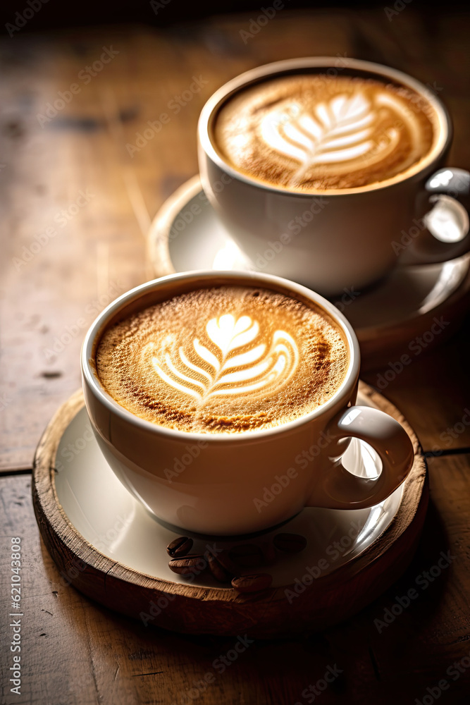 Fototapeta premium Two coffee beverages on a wooden table with elaborate foam art in shape of a flower 