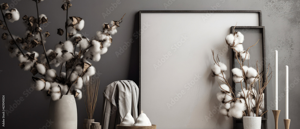 Loft, modern interior mockup with empty frame on concrete textured wall with cotton flowers. Luxury hotel, spa, wellness resort background Vacation template. Minimalism. Generative ai. Loft, modern interior mockup with empty frame on concrete textured wall with cotton flowers. Luxury hotel, spa, wellness resort background Vacation template. Minimalism. Generative ai.