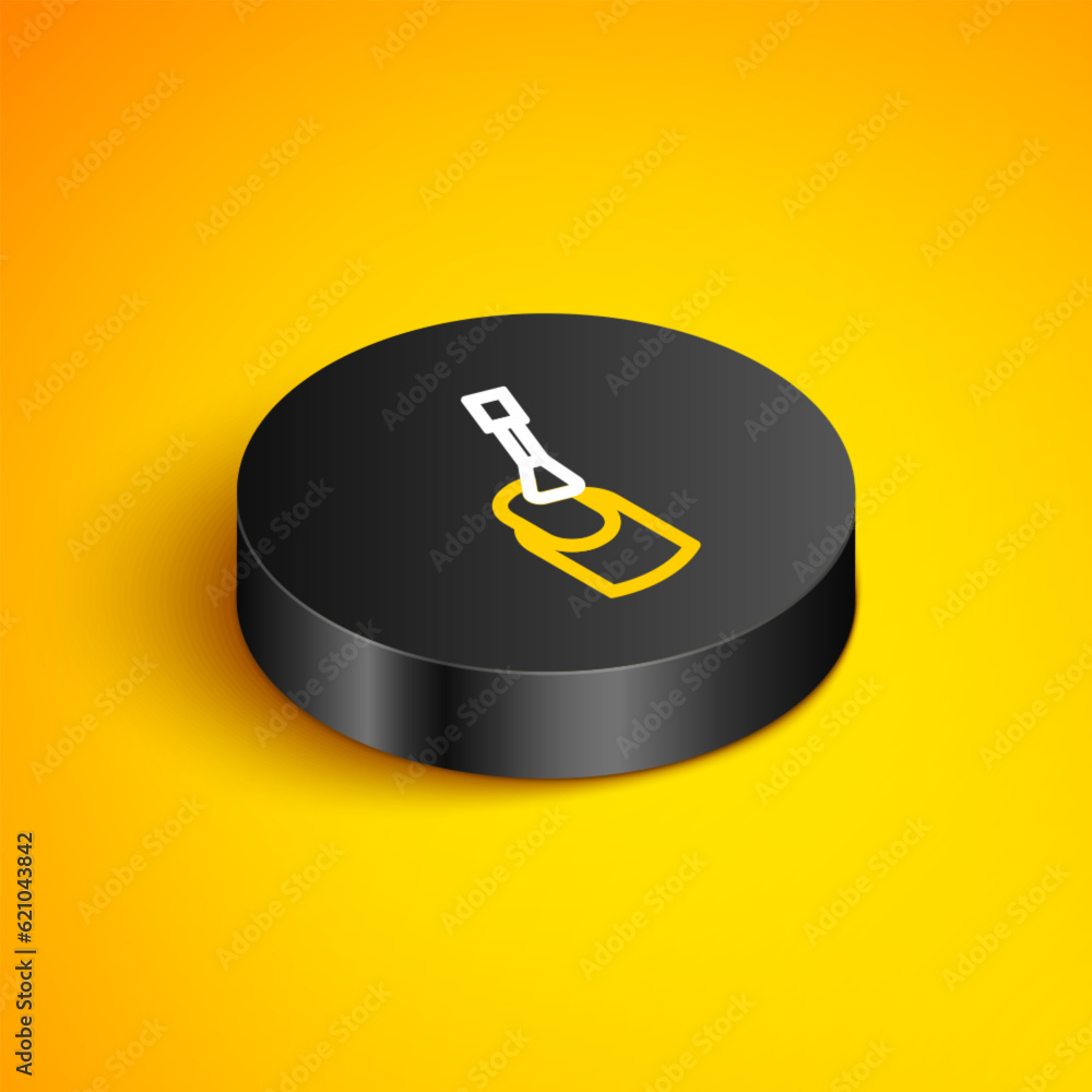 Isometric line Nail manicure icon isolated on yellow background. Black circle button. Vector Isometric line Nail manicure icon isolated on yellow background. Black circle button. Vector