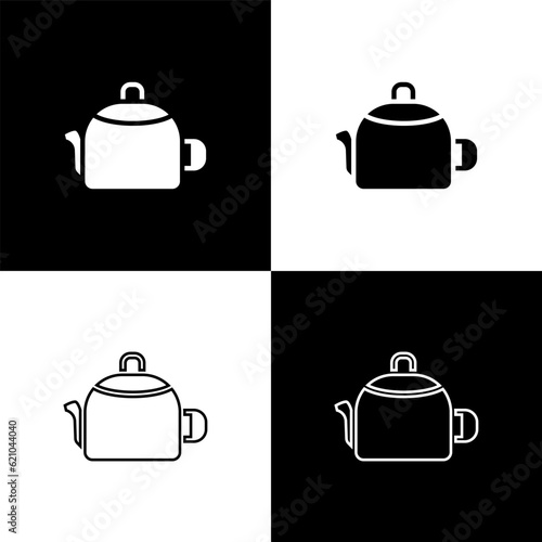 Set Kettle with handle icon isolated on black and white background. Teapot icon. Vector