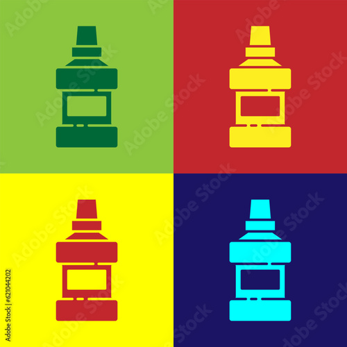 Pop art Mouthwash plastic bottle and glass icon isolated on color background. Liquid for rinsing mouth. Oralcare equipment. Vector