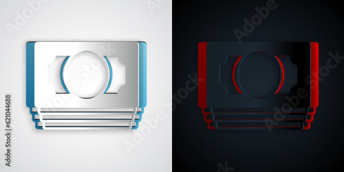 Paper cut Stacks paper money cash icon isolated on grey and black background. Money banknotes stacks. Bill currency. Paper art style. Vector