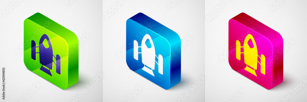Isometric Rocket ship icon isolated on grey background. Space travel. Square button. Vector Isometric Rocket ship icon isolated on grey background. Space travel. Square button. Vector