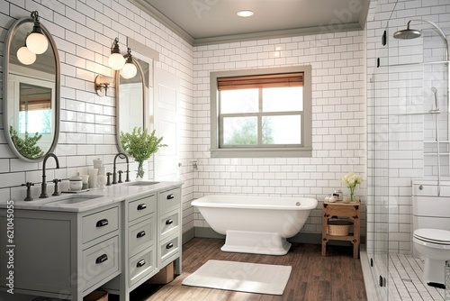 A modern farmhouse-style bathroom including a white subway tile shower  a white vanity  and a marble countertop.