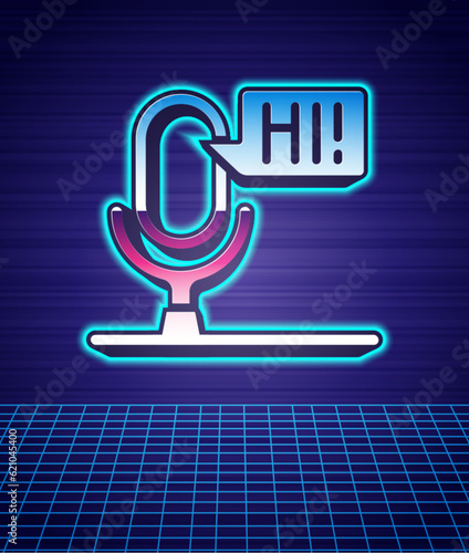 Retro style Microphone voice device icon isolated futuristic landscape background. Microphone interpreter and alphabet letters. 80s fashion party. Vector