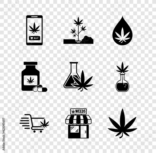 Set Online buying marijuana, Planting, Marijuana or cannabis leaf oil, Shopping cart with, and store, Medical bottle and Test tube icon. Vector