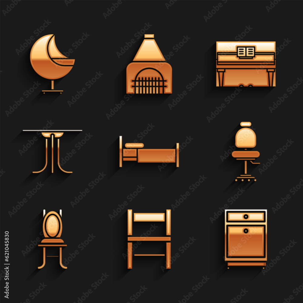 Set Bed, Chair, Furniture nightstand, Office chair, Round table, Grand piano and Armchair icon. Vector Set Bed, Chair, Furniture nightstand, Office chair, Round table, Grand piano and Armchair icon. Vector