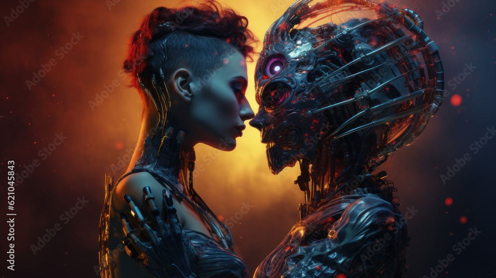cyborg skeleton hugs a girl. cyborg skeleton hugs a girl.