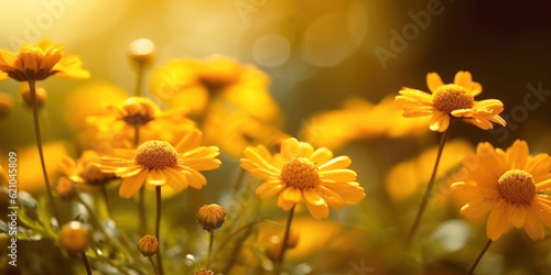 Yellow flowers in a summer meadow. Panorama in the form of yellow heliopsis flowers on a sunny meadow with highlights. Nature in spring and summer. © AMK 
