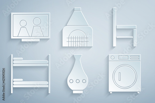 Set Vase, Chair, Bunk bed, Washer, Interior fireplace and Picture frame on table icon. Vector