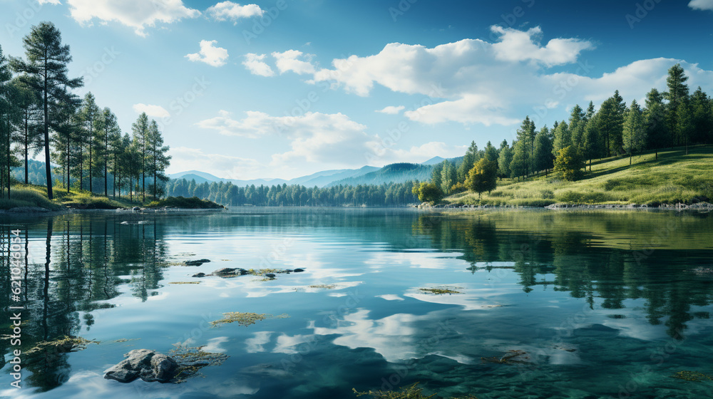 Tranquil lakeside view with calm waters and a serene reflection, Digital background Generative AI