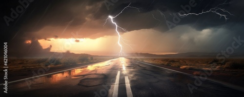 storm clouds over the road with lightning,CGI Image of Lightning Striking the Middle of an Asphalt Street Amidst Stormy Weather, Intense and Dynamic Landscape