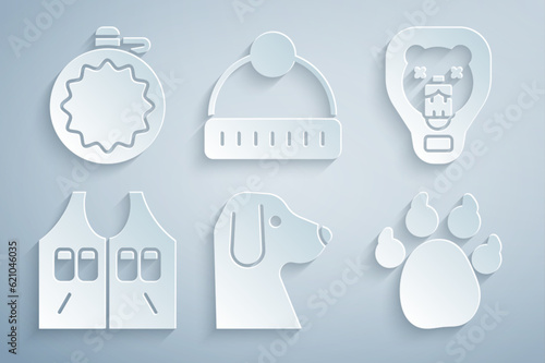 Set Dog, Bear head on shield, Hunting jacket, Paw print, Winter hat and Canteen water bottle icon. Vector