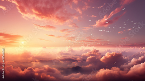 Dreamy cloudscape with soft pastel hues and a golden sunset, Digital background Generative AI