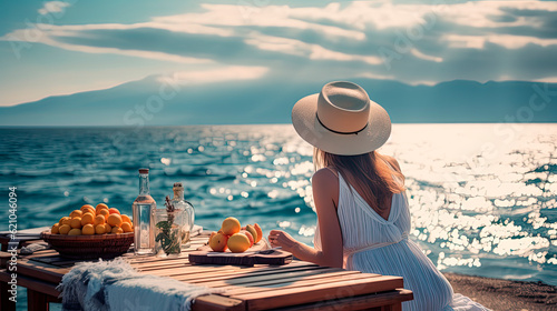 A woman in a straw hat eats food and enjoys the ocean view. Tropical vacation dining table. The concept of travel, holidays, weekends.