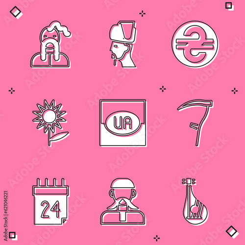 Set Ukrainian cossack, hryvnia, Sunflower, Flag of Ukraine, Scythe, Independence day and icon. Vector
