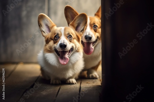 Portrait of two corgi dogs. Generative AI image.