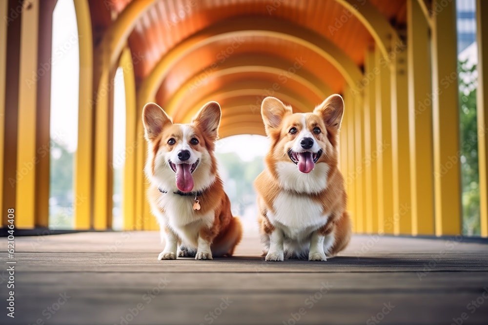 Two corgi dogs run in atumn park.