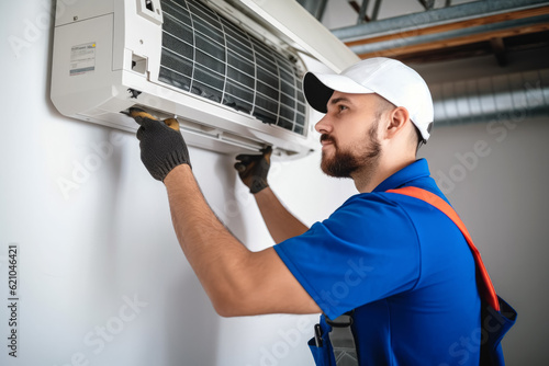 Technician working on air conditioning indoor unit. Man HVAC worker professional occupation. Generative AI