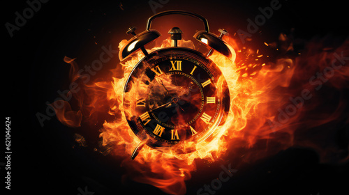 Run out of time, until the end of Time, Clock on fire, time's burning end in fiery clock image black background, concept. Generative AI © Bogdan