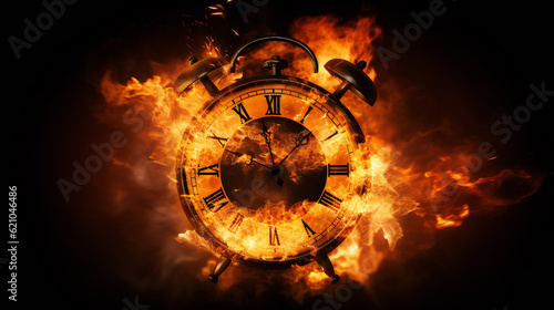 Run out of time, until the end of Time, Clock on fire, time's burning end in fiery clock image black background, concept. Generative AI