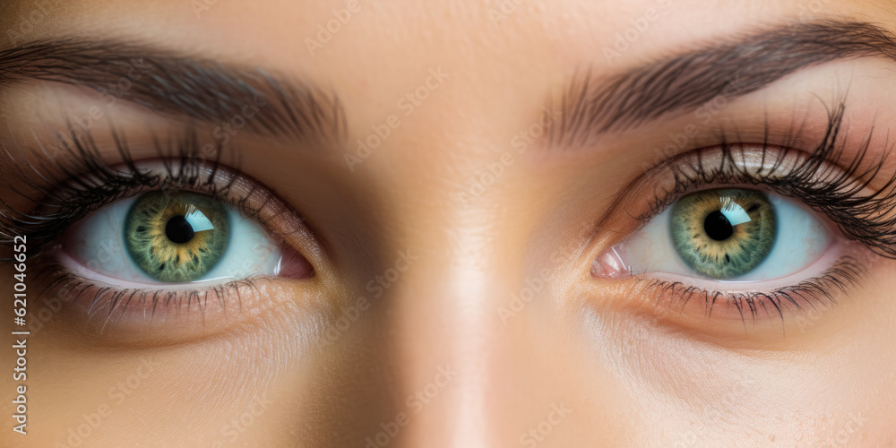 Young beautiful woman with green eyes, closeup detail to her face, both iris visible. Generative AI Young beautiful woman with green eyes, closeup detail to her face, both iris visible. Generative AI