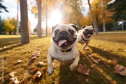 Portrait of two cute happy pug dogs on the walking.