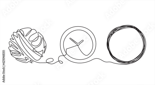 Chaos and clock abstract minimalist concept vector illustration. Metaphor of disorganized difficult problem, mess with black single continuous tangle thread in need of unraveling isolated on white