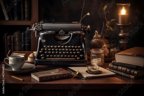 vintage typewriter with paper,  A Stylish Still Life with Vintage Typewriter, Old Books, and Steaming Coffee on a Cozy Wooden Table, Evoking a Timeless and Nostalgic Atmosphere © Ben