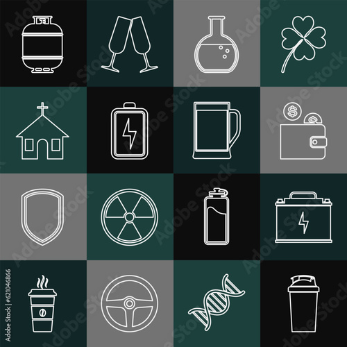 Set line Fitness shaker, Car battery, Wallet with coin, Test tube and flask, Battery, Church building, Propane gas tank and Glass of beer icon. Vector