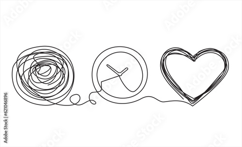 Chaos and heart abstract minimalist concept vector illustration. Metaphor of disorganized difficult problem, mess with black single continuous tangle thread in need of unraveling isolated on white