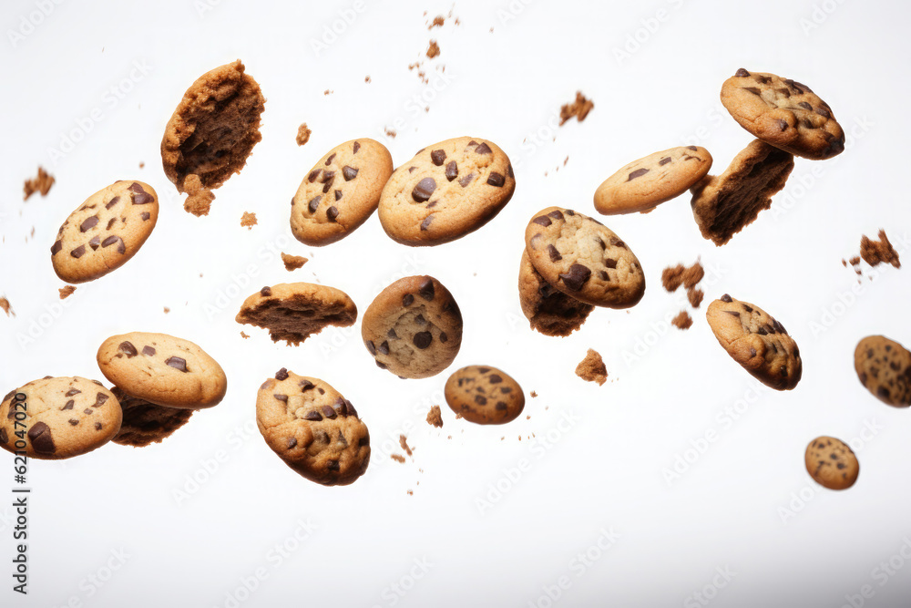 Delicious cookies with chocolate chip falling on white background Delicious cookies with chocolate chip falling on white background