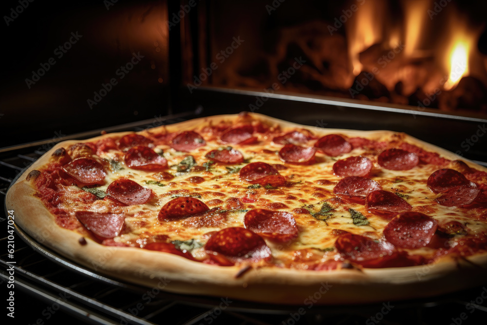 Traditional pepperoni pizza freshly made in the oven