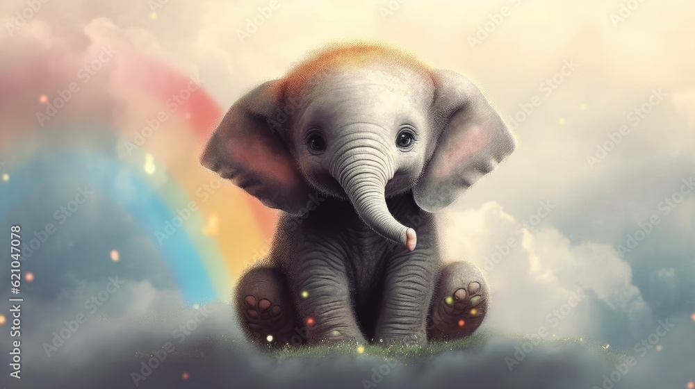 A picture of a cute baby elephant resting on a rainbow
