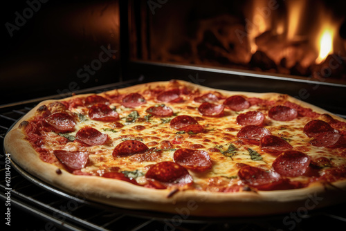 Traditional pepperoni pizza freshly made in the oven