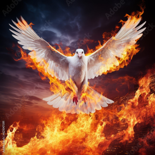 Leinwand Poster Flying dove of peace with fire