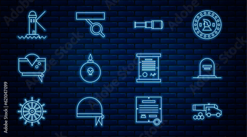 Set line Cannon with cannonballs, Tombstone RIP written, Spyglass telescope lens, Bomb ready explode, Pirate hat, Lighthouse, Decree, parchment, scroll and eye patch icon. Vector