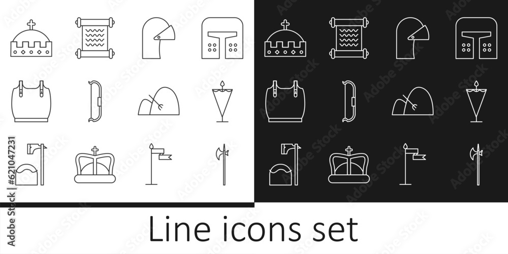 Set line Medieval halberd, flag, iron helmet, bow, Body armor, King crown, Bale of hay and rake and Decree, parchment, scroll icon. Vector