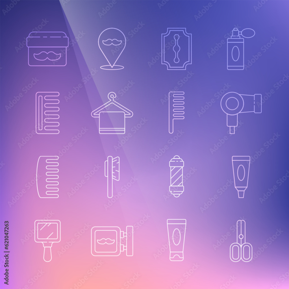 Set line Scissors hairdresser, Cream lotion cosmetic tube, Hair dryer, Blade razor, Towel hanger, Hairbrush, jar and icon. Vector Set line Scissors hairdresser, Cream lotion cosmetic tube, Hair dryer, Blade razor, Towel hanger, Hairbrush, jar and icon. Vector