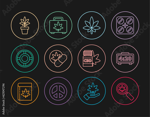 Set line Magnifying glass and marijuana, Digital alarm clock, Marijuana or cannabis leaf, Herbal ecstasy tablets, Ashtray, plant, Medical bottle with and Shopping box of icon. Vector