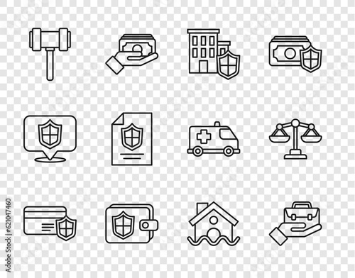 Set line Credit card with shield, Hand holding briefcase, House, Wallet, Judge gavel, Contract, flood and Scales of justice icon. Vector