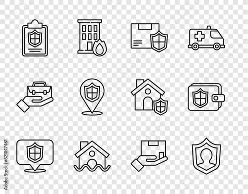 Set line Location shield, Life insurance with, Delivery security, House flood, Document, and Wallet icon. Vector