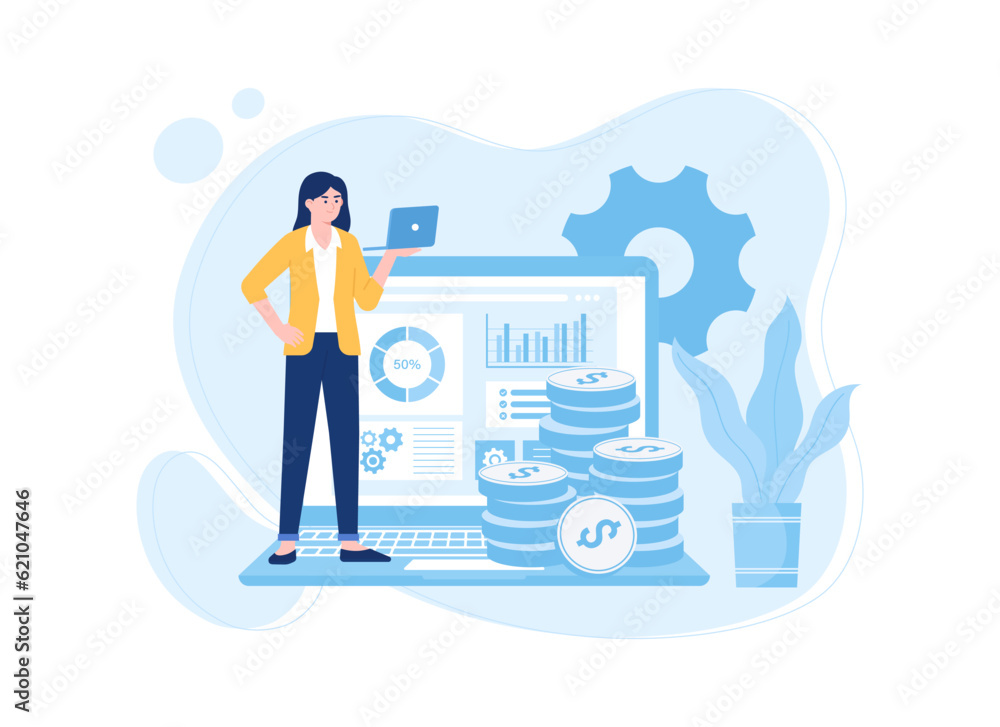 Business woman with laptop and coins trending concept flat illustration